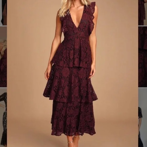 Lulus Molinetto Burgundy Lace Ruffled Tiered Sleeveless Dress - Picture 3 of 8